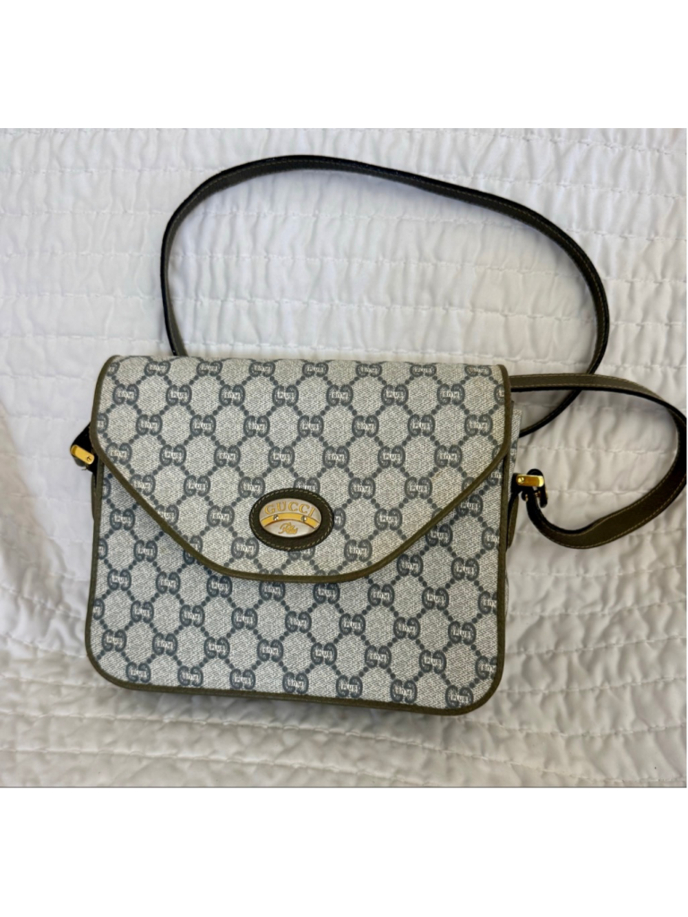 Gucci Plus Crossbody Bag in Gray and Green, a piece of Gucci history.